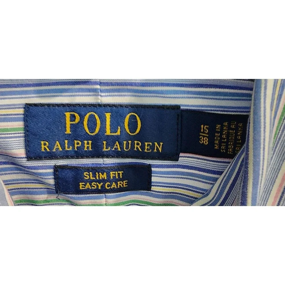 Polo Ralph Lauren Slim Fit Striped Dress Shirt Easy Care Cotton Blue Multi 15/38